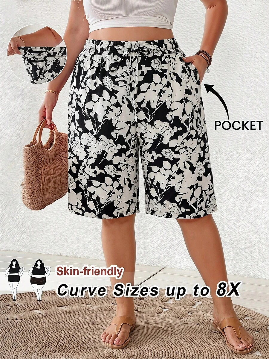 SHEIN CURVE+ Quần short ống rộng dáng suông, họa tiết hoa, túi xéo, cỡ lớn. - Nhiều màu - Xem 1