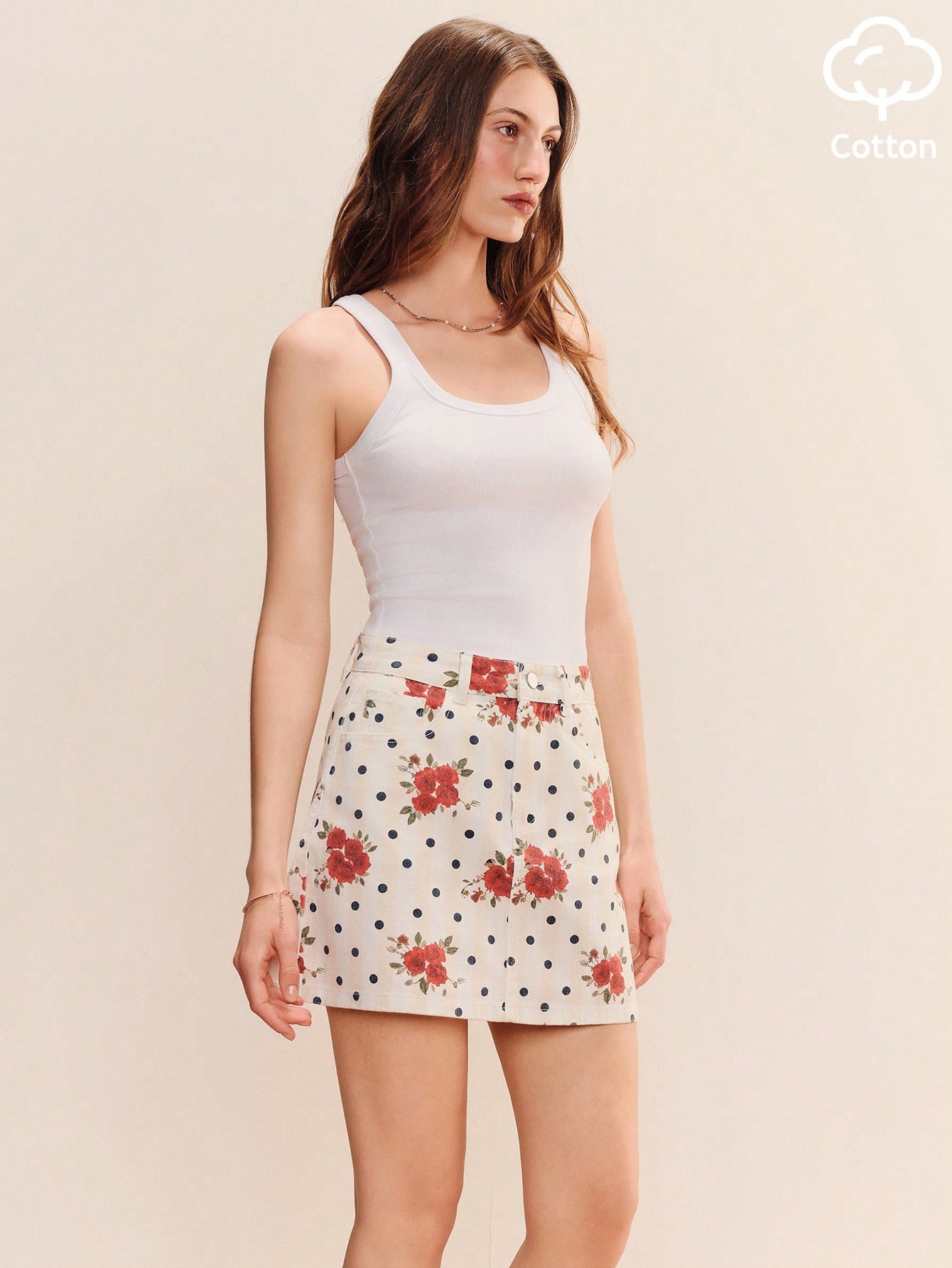 Polka Dot And Floral Vintage Style Printed Lightweight Denim Mini Skirt Spring Summer French Style Cotton Skirt Polkadot Skirt Floral Skirt White Cotton Skirt