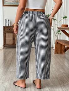 Weeklong Plus Size Women Elegant Plaid Drawstring Waist Pocket Long Pants - Multicolor - View 2