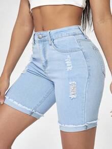 Flexra Plus Size Women Casual Elastic Denim Shorts, Summer - Light Wash - View 6