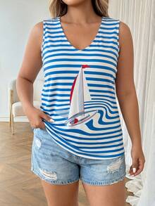 Comfylo Camiseta de tirantes de cuello redondo con estampado de barco a rayas para mujer de talla grande - Multicolor - Ver 6