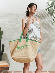 SHECARRY Bolso de mano para mujer, bolso de paja casual de gran capacidad para vacaciones - Multicolor - Ver 9