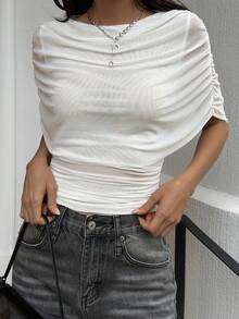 DAZY 女士优雅纯色褶皱修身T恤，春夏款 - 白色 - 查看 5
