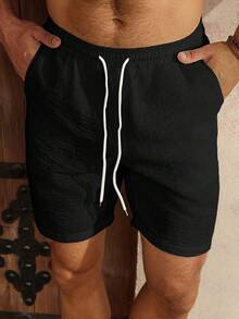Genlund Pantalones cortos casuales versátiles de uso diario para hombre, unicolor, cintura con cordón, para vacaciones - Negro - Ver 3