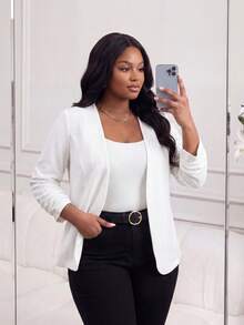 SHEIN Lady CURVE Áo khoác dài tay đơn giản hàng ngày màu trơn cỡ lớn cho nữ, trang phục công sở thường ngày cho nữ - trắng - Xem 5
