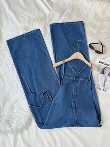 SHEIN PETITE Bộ áo liền quần denim nữ, trang phục thường ngày thoải mái cho mùa hè đi biển và kỳ nghỉ, trang phục thanh lịch cho nữ, áo liền quần denim dáng rộng thoải mái có túi cho nữ. - Rửa tối - Xem 3
