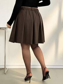 Auralis Spring/Autumn New Office Formal Lady Pleated Midi Skirt, Chocolate Brown Plaid Pattern, Elegant Commuter Style, Plus Size Back-To-School Fall - Brown - View 3
