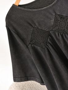 CosyJoli Plus Size Women's Black T-Shirt, Washed Short Sleeve Top, Casual Boho Clothing, Outerwear, Cute Summer Ruffle Hem Women Wear For Vacation Date Night - Black - View 5