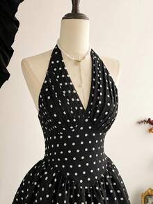 Vintamour Vintage Romantic Classic Elegant Women's Dress, Spring/Summer Fitted Halter Neck Tie Bow Black And White Polka Dot Polka Dot Cake Dress Tea Party - Black - View 5