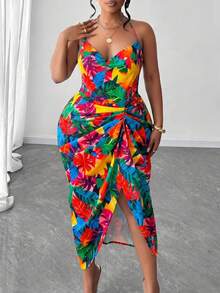 Maweii Vestido con estampado floral, fruncido, de cuello halter y espalda descubierta, talla grande - Multicolor - Ver 6
