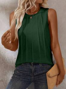 EMERY ROSE Women's Cotton Knit Round Neck Pleated Sleeveless Fitted Casual Versatile Tank Top, Summer - Green - View 3