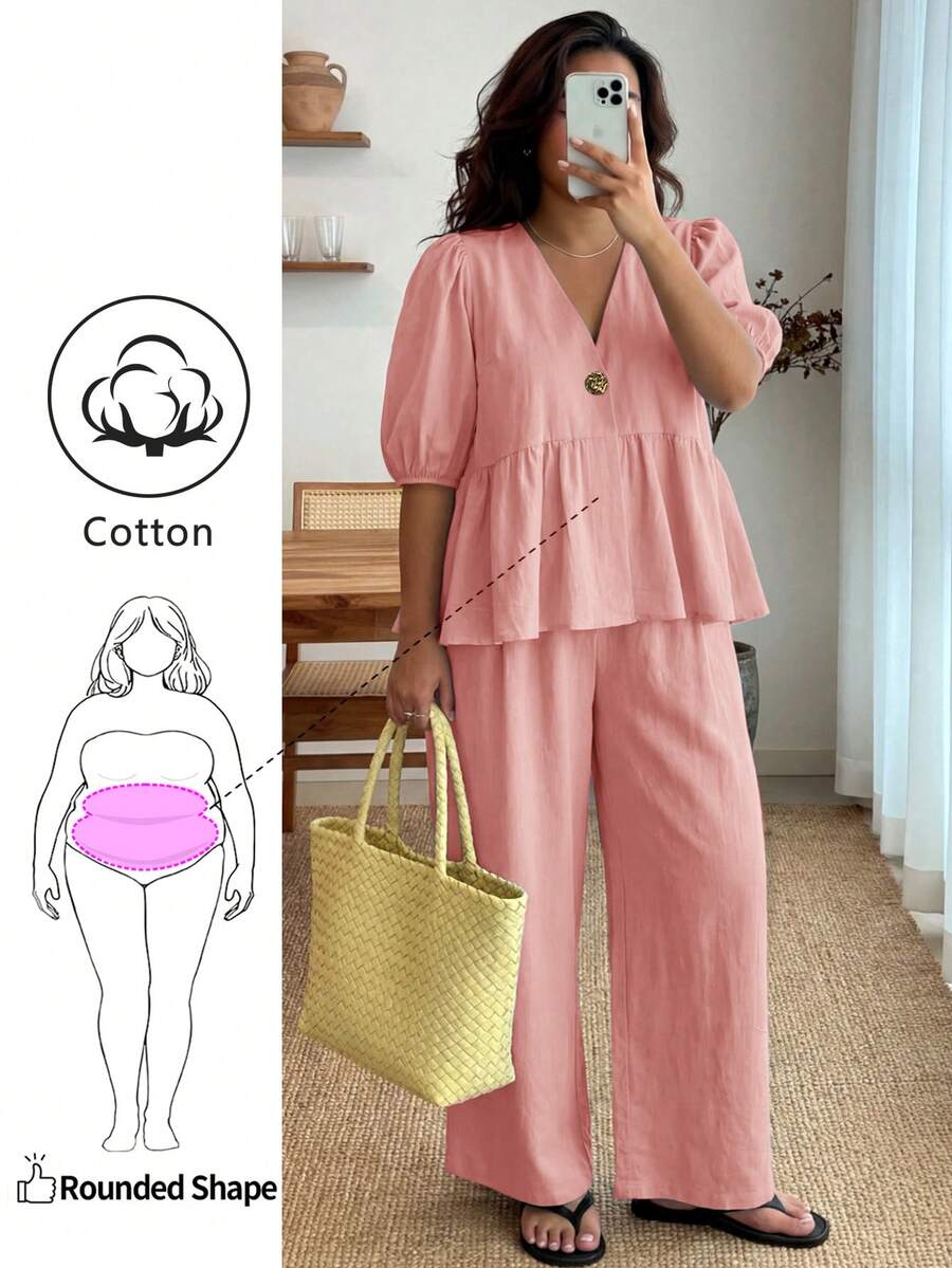 Enliva Plus-Size Women's Ruffled Puff Sleeve Two Pieces Set, V-Neck Cardigan Top And Stretch Waist Trousers Set - Dusty Pink - View 1