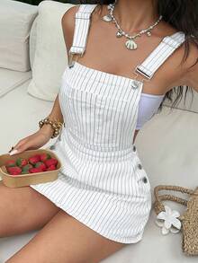 Sunnyshic Đầm denim bạc màu in sọc thời trang dành cho nữ, thích hợp cho mùa hè. - trắng - Xem 6