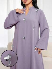 Al Najma Plus Size Women's Sequin Decorated Arabic Style Dress - Mauve Purple - View 6