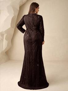 Coutiva Gaun Malam Formal Elegan Musim Dingin Ukuran Besar Warna Cokelat, Leher Persegi, Bordir Mutiara dan Rhinestone, Lengan Panjang, Model Duyung, Gaun Pesta untuk Tamu Pernikahan dan Prom - Coffee Brown - View 2