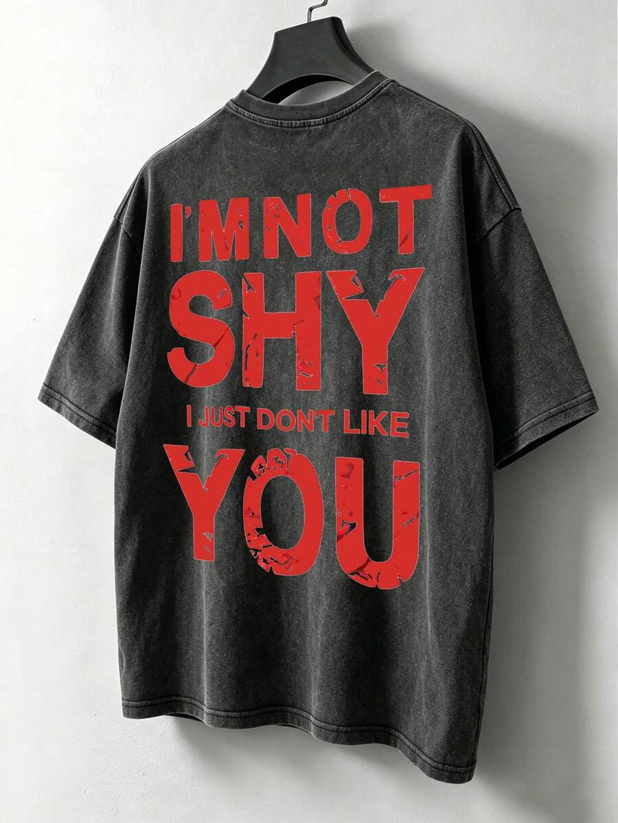 Chillumni Men's Vintage Fashionable Street Casual Slogan Print Loose Fit Washed T-Shirt, Suitable For Daily Commute In Summer - Black - View 1