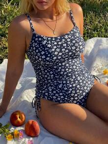 Swim Mod 2026 New Spring/Summer Plus Size Women Ditsy Floral Side Drawstring Ruched Slimming Sexy Backless One-Piece Swimsuit For Beach Party - Blue and White - View 8