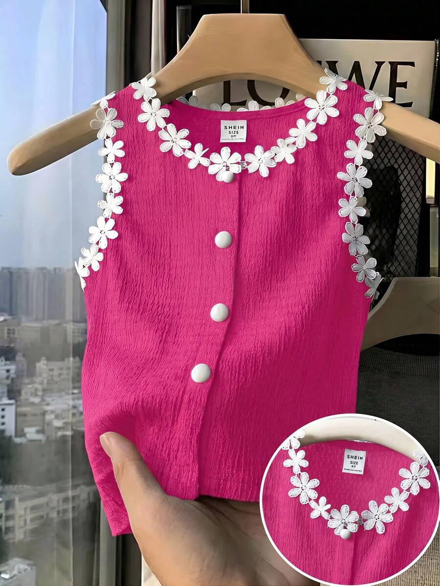 SHEIN Young Girl Knitted Solid Color Patchwork Contrast Color Floral Ribbon Casual Vest - Hot Pink - View 1