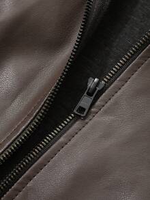 DAZY Oversized Turndown Collar Zipper Motorcycle Faux Leather Jacket, Casual Unisex Women Coats - Brown - View 6