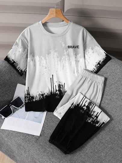 SHEIN 2pcs/Set Kids Tween Boy Casual Minimalist Fashion Classic Cool Graffiti Print Round Neck Short Sleeve T-Shirt And Sweatpants Tracksuit, Y2K Style, Suitable For Spring/Summer, Outings, Valentine's Day, Dates, Travel, Vacations, Family Gatherings, Back To School, Weddings, Parties, Sports, Birthdays