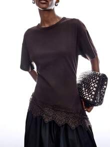 LYSMO Áo kiểu nữ mùa hè dáng rộng, phối ren, lưng chéo, vạt bất đối xứng - Cà phê nâu - Xem 4
