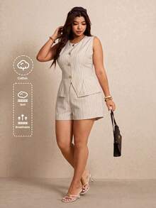 Elaquor Plus Size Summer Casual Elegant Commute Formal Vacation White Vest And Shorts 2 Pieces Set Formal Office Work Two Piece Sets For Women Outfit Sets - Multicolor - View 9