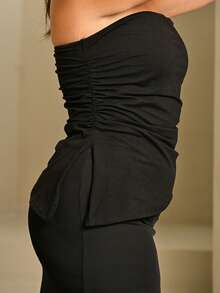 Lele Munniz Plus Size Black Pleated Slit Strapless Knit Stretch Top Summer - Black - View 4