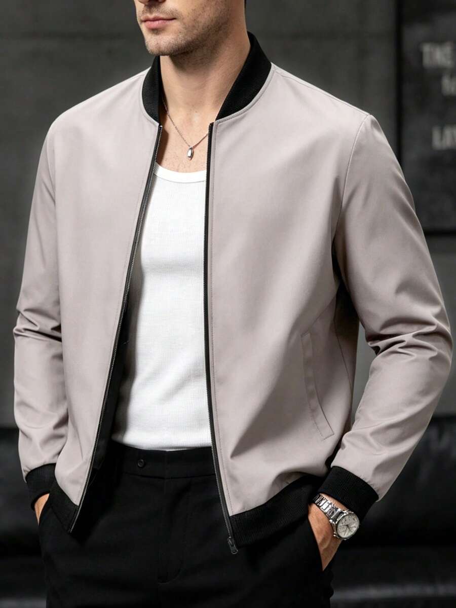 EGENSIO Men's Baseball Collar Color Block Zipper Casual Versatile Daily Wear Long Sleeve Jacket - Light Grey - View 1
