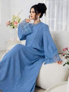 Al Najma 女士圆领拼接缎带休闲派对阿拉伯风格连衣裙 - 藍色 - 查看 1