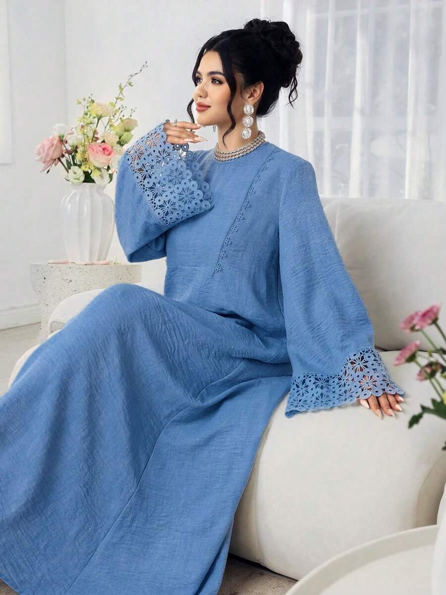 Al Najma 女士圆领拼接缎带休闲派对阿拉伯风格连衣裙 - 藍色 - 查看 1