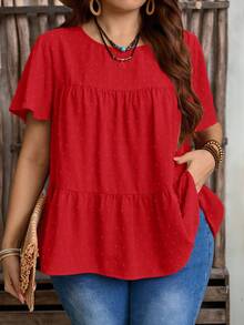 Rusticease Plus Size Women's Solid Color Round Neck Ruffle Short Sleeve Loose Shirt,Boho For Women/Summer,Western Wear Women,Vacation Outfits Woman - Red - View 3