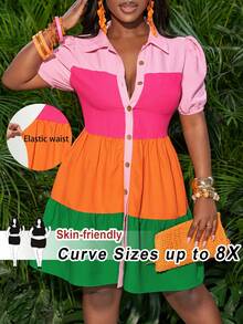 SHEIN CURVE+ Curve 尺码 US22 音乐节、海滨度假、波西米亚风女式花卉豹纹短款泡泡袖单排扣时尚衬衫裙 - 彩色 - 查看 1