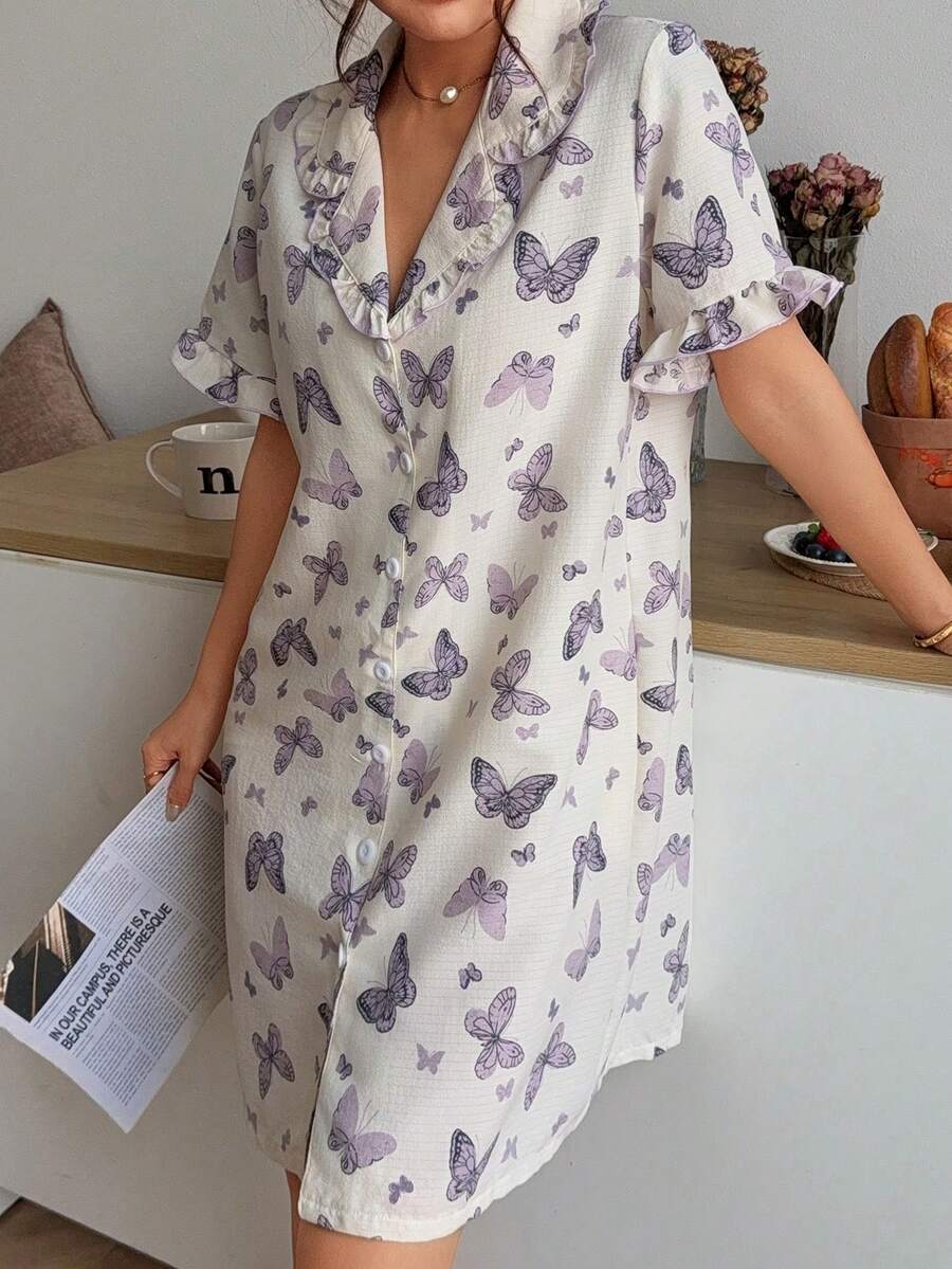 Napfluff 女士蝴蝶印花荷叶边开衫式睡裙 - 杏色 - 查看 1