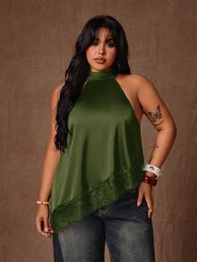 Rustia Plus Size Elegant Satin & Lace Patchwork Asymmetrical Blouse - Dark Green - View 5