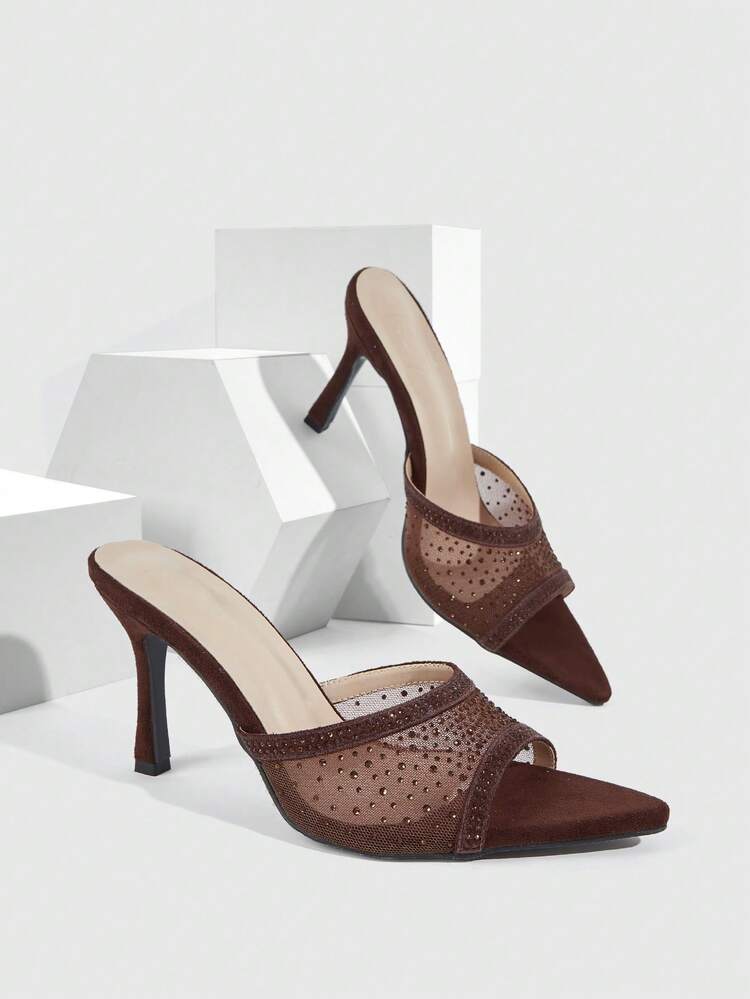 CUCCOO SZL Women's Fashion Pointed Suede Mesh Splicing Rhinestones Decorative Party/Work High Heels Sandals, Halter Elegant Stilettos Summer Shoes