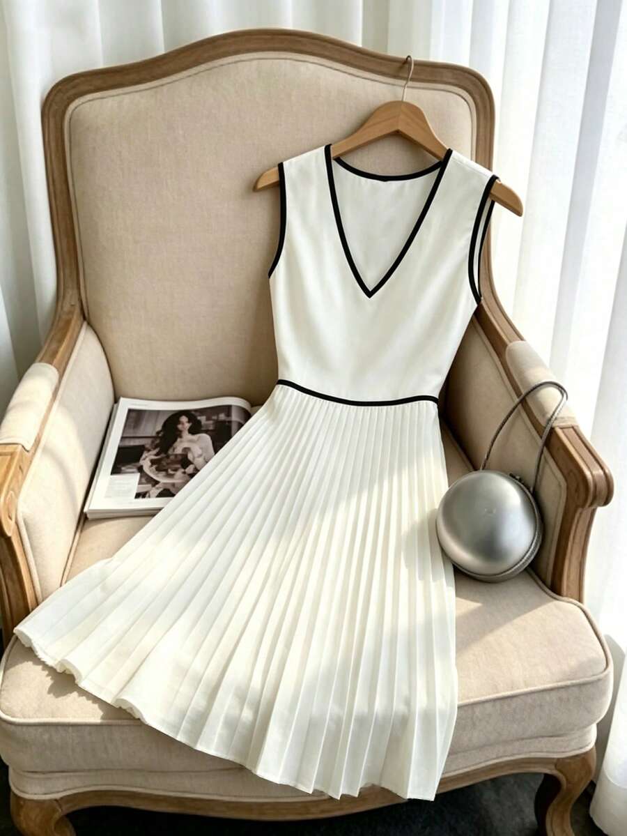SHEIN Franclia Đầm ngắn dáng chữ A không tay cổ chữ V, thắt eo, kiểu dáng đơn giản Pháp, xếp ly. - trắng - Xem 1