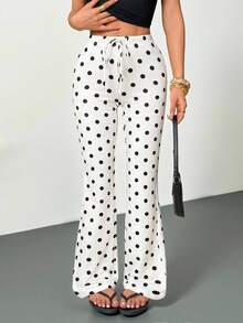 SHEIN PETITE Quần dài đen trắng, Xuân/Hè, Giáng sinh, Năm mới, Quần ống loe dệt kim chấm bi đen trắng, Quần ống rộng có dây rút cho nữ, Quần dài đen trắng, Quần chấm bi, Quần chấm bi đen trắng, Thu, Trang phục thu đông cho nữ, Trang phục xuân hè cho nữ - Đen và trắng - Xem 7