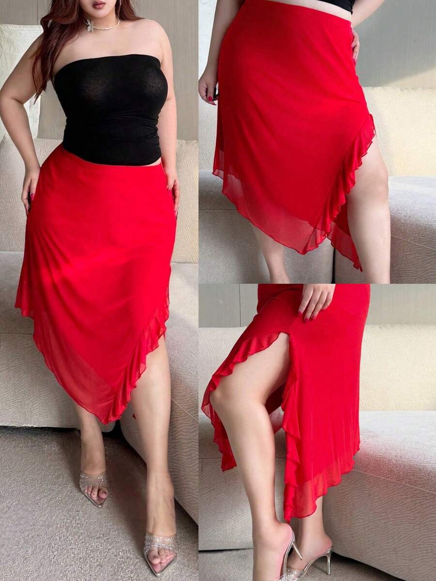 Vibekara Falda A-Line con abertura lateral sexy de gasa roja, cintura elástica, bajo asimétrico, elegante para primavera, verano, otoño, vacaciones, Día de San Valentín - Rojo - Ver 1