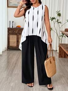 Weeklong 2 piezas Conjunto de top con estampado elegante y espalda retorcida, bajo asimétrico y pantalones de unicolor para mujer, adecuado para fiesta, vacaciones, calle, cita, primavera/verano - Blanco y Negro - Ver 3