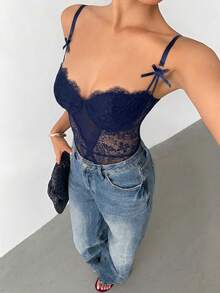 Aloruh Lace & Mesh Splice Sexy Bodysuit - Navy Blue - View 6