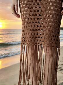 SHEIN Abito in maglia traforata con frange, con cinturini decorati con perline, stile sexy da vacanza, adatto per primavera/estate/autunno - Castano - Visualizzare 5