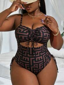Slaydiva Plus Size Women Beach Vacation Holiday Solid Color Bandeau Top With Adjustable Drawstring Tie, Adjustable Wide Strap, One-Piece Swimsuit - Black - View 1