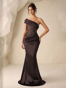 Coutiva Vestido de noche formal de cola de pez con parches de lentejuelas para mujer - Café integral - Ver 4