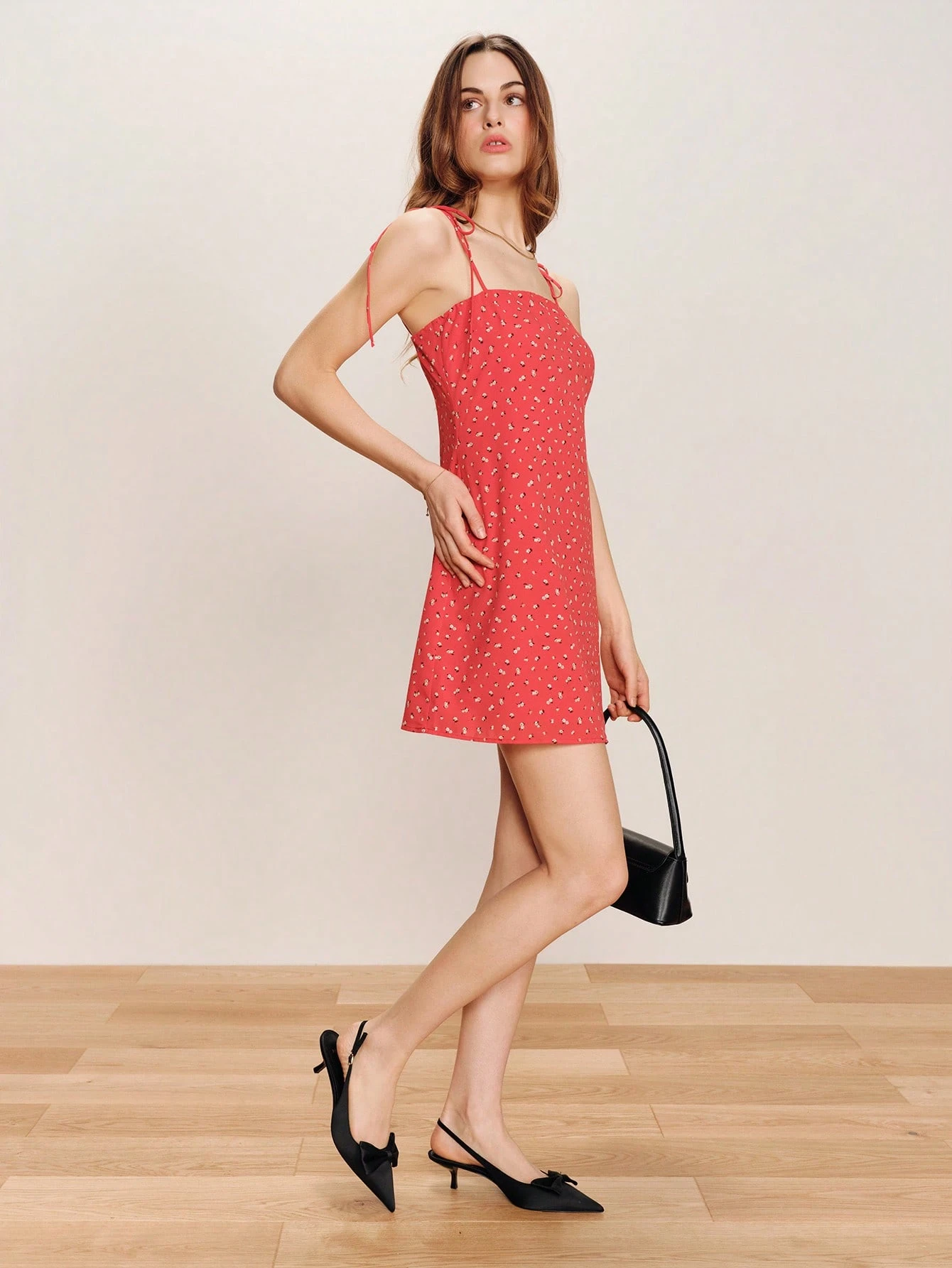 Red Floral Print Semi-Fitted Mini Dress With Thin Tie Straps And A Straight Neckline Cute Summer Dress French Style Casual Holiday Dress Red Flower Dress