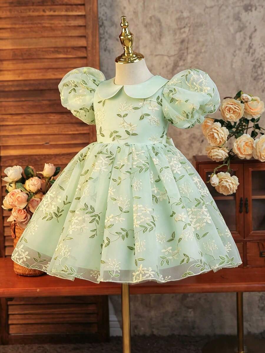 SHEIN Glamorique Kids 少女碎花束腰泡泡袖连衣裙,薄纱泡泡袖优雅派对礼服,适合所有季节 - 綠色 - 查看 1