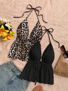 SHEIN PETITE CURVE 大码夏季休闲纯色及豹纹露背吊带上衣 - 彩色 - 查看 10