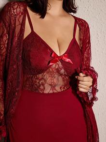 Slumberist 2pcs Sexy Lace Camisole & Robe Set, Elegant Sleepwear - Burgundy - View 6