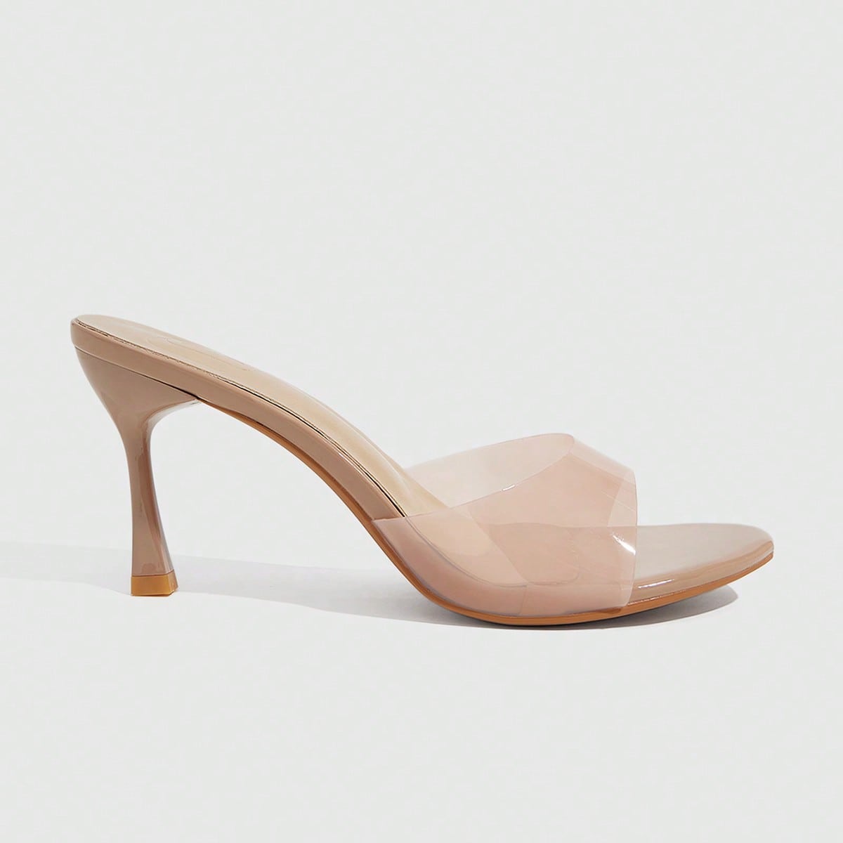 Pantuflas de color albaricoque para mujer, tacones altos transparentes para uso en verano, tacones finos, punta cuadrada y pantuflas. Zapatos de veran