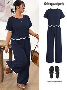 Lounesse Plus Size Casual Vacation Woven Trim Top And Pants 2 Pieces Set - Navy Blue - View 8