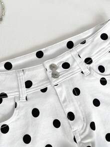 Elamini Women's Polka Dot Print Button Pocket Denim Shorts - Multicolor - View 3